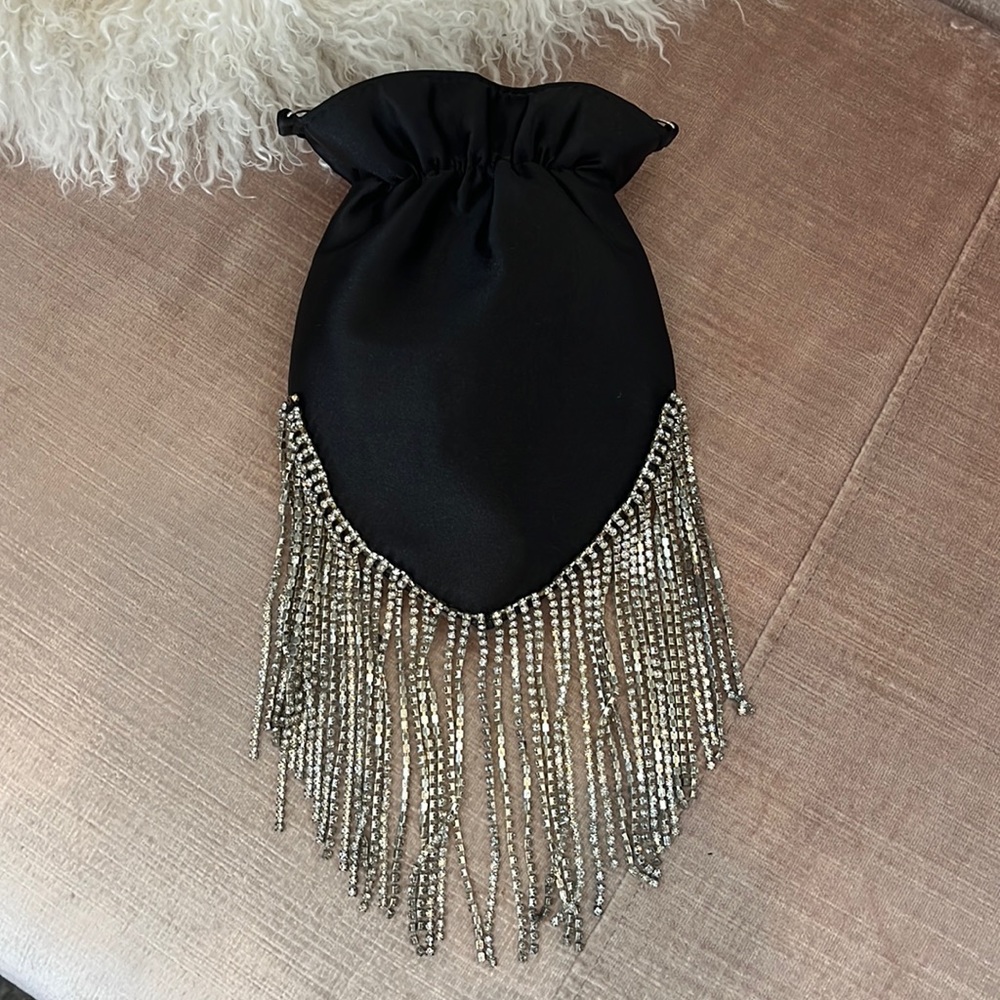 New black black satin evening bag with rhinestone cascade / fringe